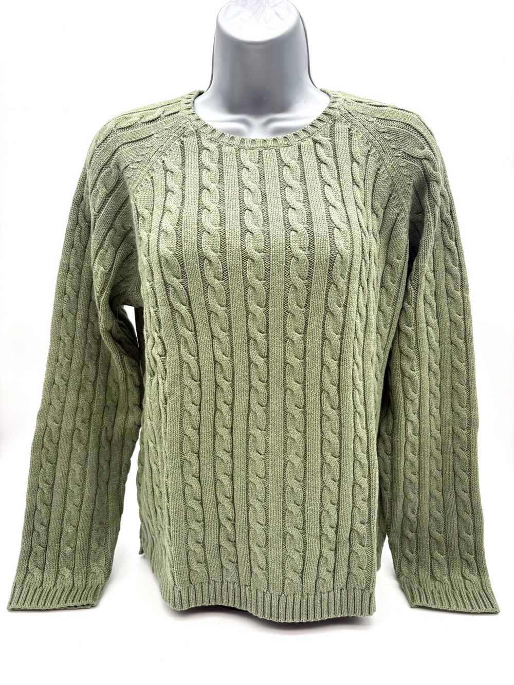 NWT L.L. Bean Women's 100% Cotton Cable-Knit Crewneck Sweater Sage Green L Reg